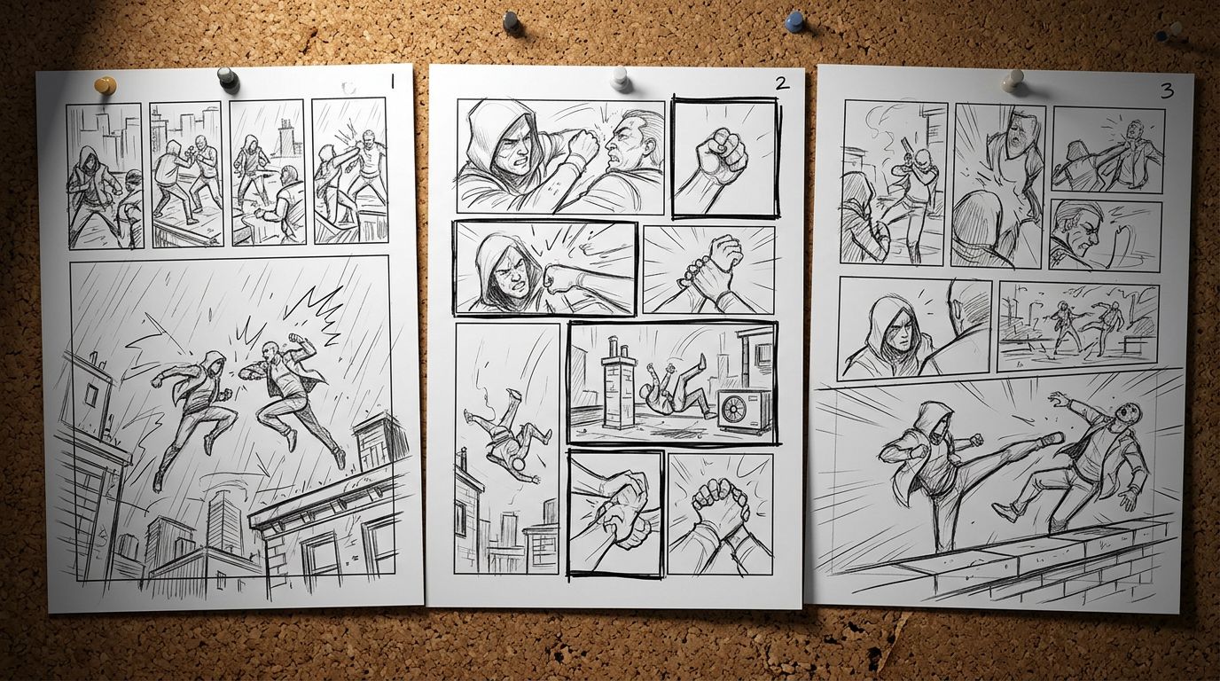 three-page comic storyboard sequence showing a rooftop fight scene with varied panel sizes