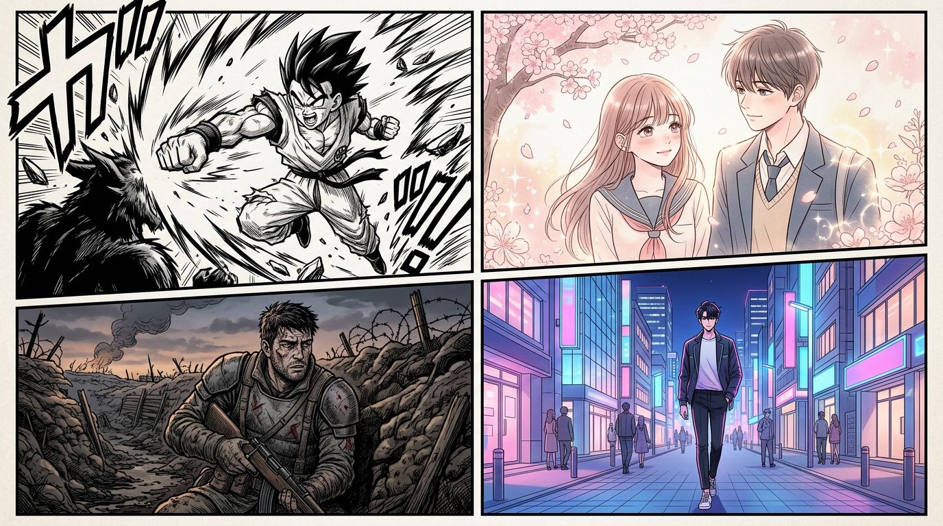 four manga panel style comparison grid showing shonen shojo seinen manhwa