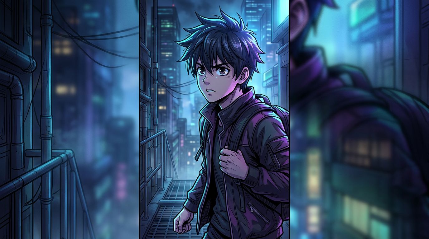 manhwa style vertical webtoon scroll panel showing a dramatic character reveal with cinematic color grading