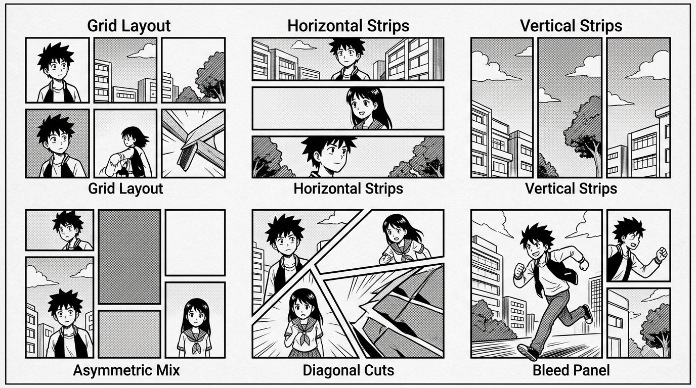 six manga panel layout types side by side on a single page diagram