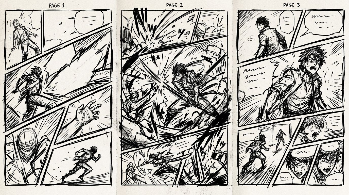 three-page manga fight scene storyboard thumbnail layout showing panel size variation diagonal cuts and a bleed panel