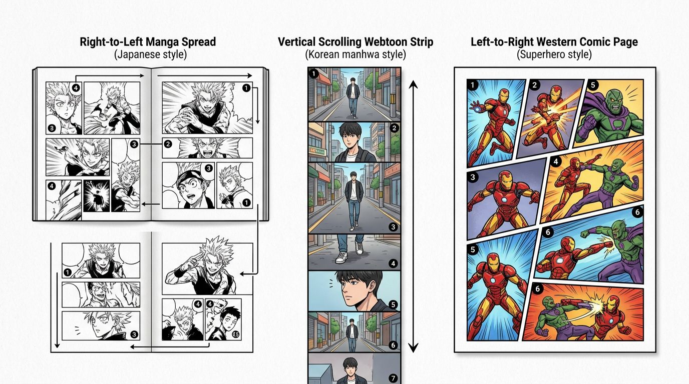 Side-by-side reading direction comparison of manga webtoon and western comic panel layouts