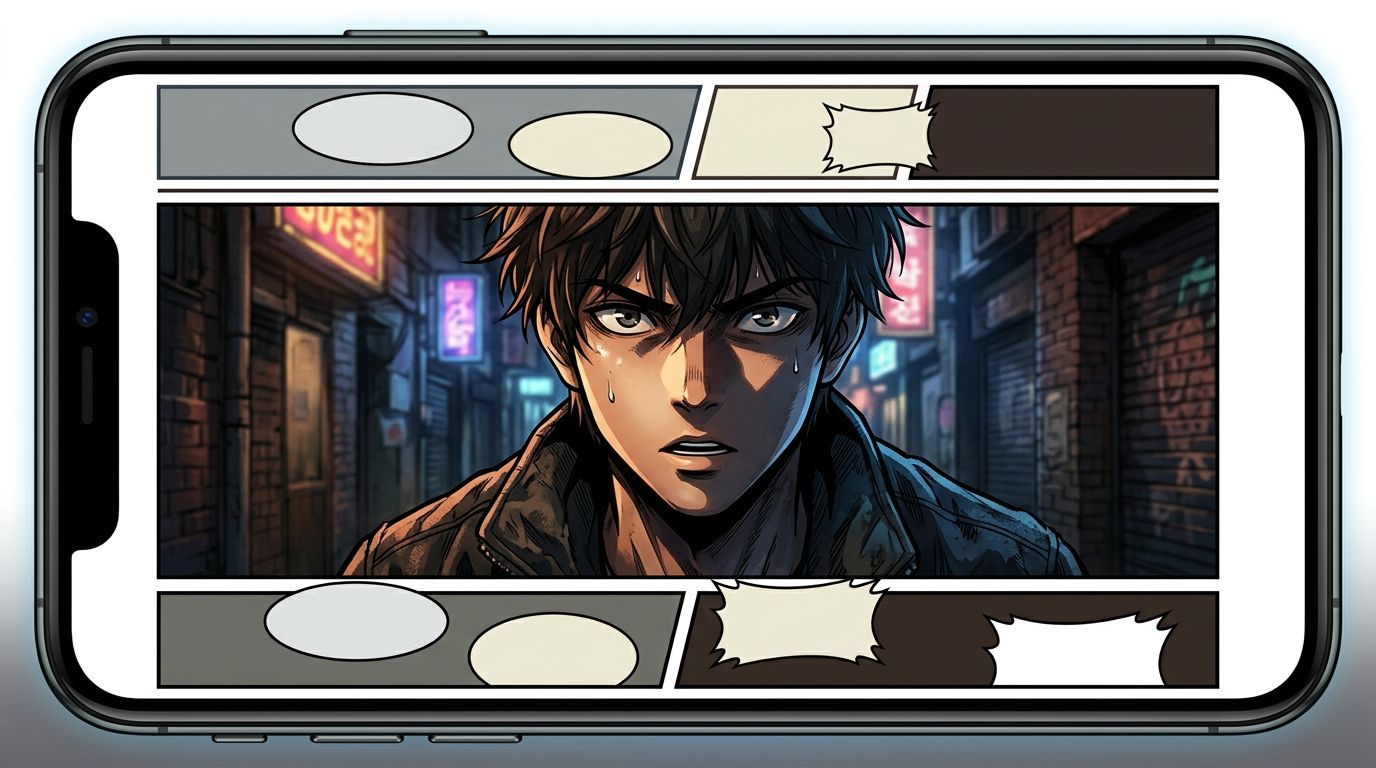 Webtoon vertical scroll strip showing a dramatic reveal panel mid-scroll with Korean manhwa art style