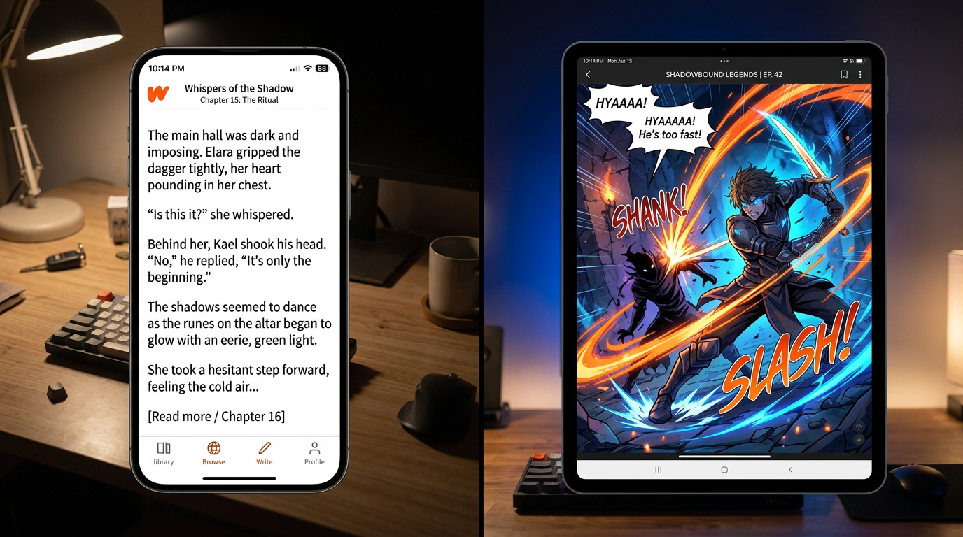 A split screen showing a Wattpad text interface on the left and a professional webtoon panel with dynamic action lines on the right.