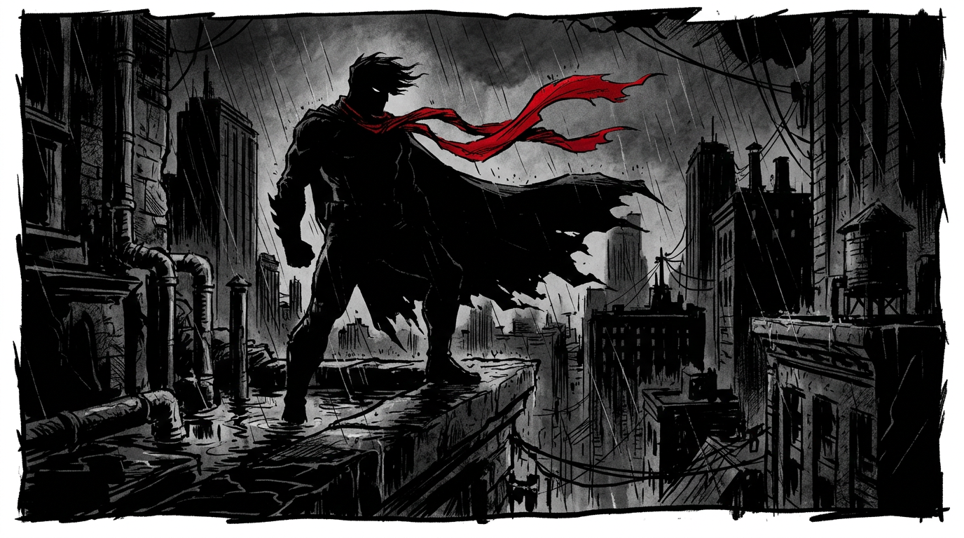 A high-contrast webtoon panel featuring a hero in a silhouette with a spot color red scarf, Frank Miller style.