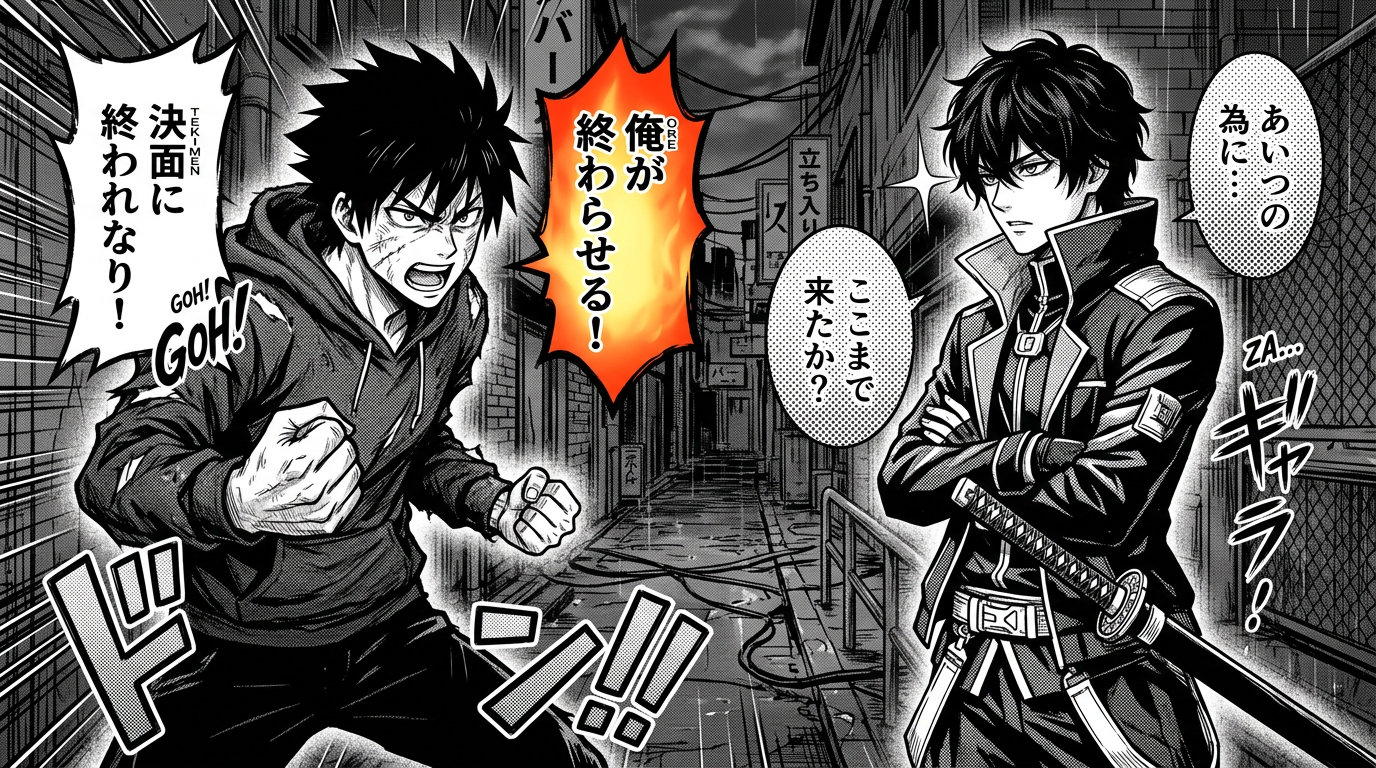 A high-quality webtoon panel in Japanese manga style, monochrome with screentones, showing a dramatic confrontation between two characters, detailed line art, shonen jump style.
