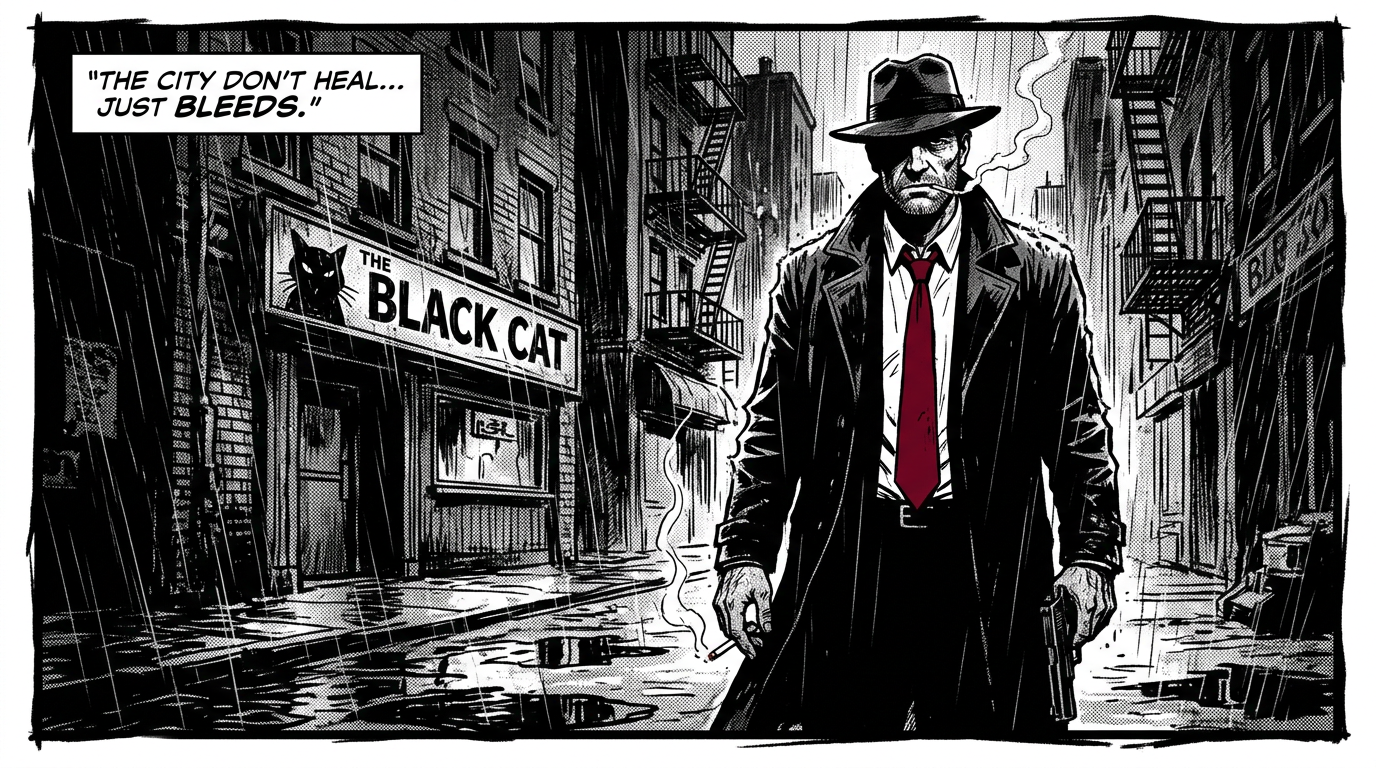 A gritty crime comic aesthetic panel, Sin City style, high contrast, pure black and white with a spot color red for a character's tie, dramatic shadows, Frank Miller style.