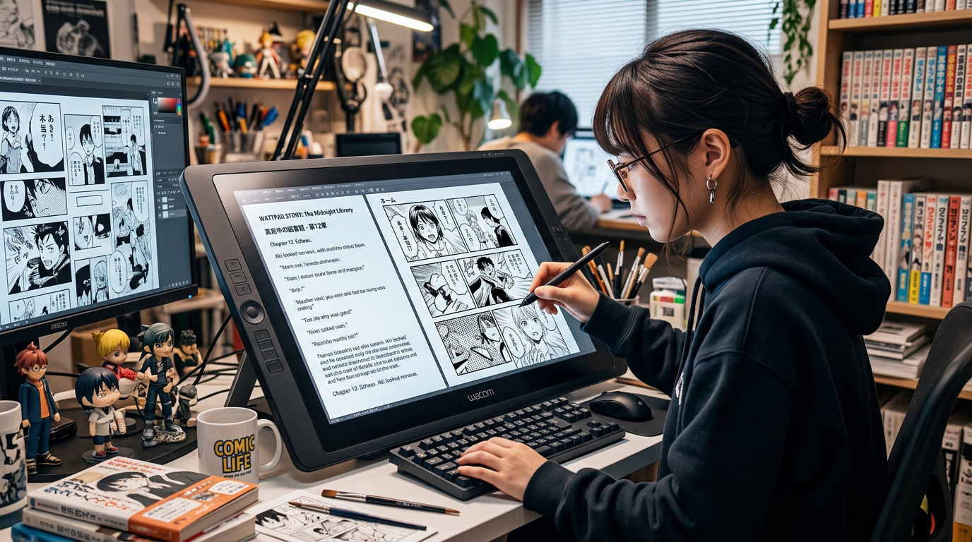 A high-tech workspace with a tablet showing a Wattpad story being converted into a comic storyboard, Japanese manga style, screentones, detailed line art.