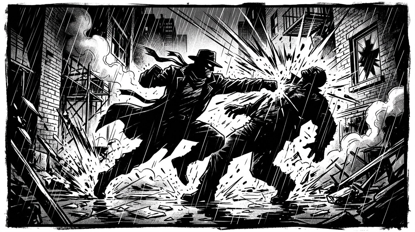A dramatic comic panel featuring a hero in a silhouette, Sin City style, high contrast, pure black and white, dynamic action lines.