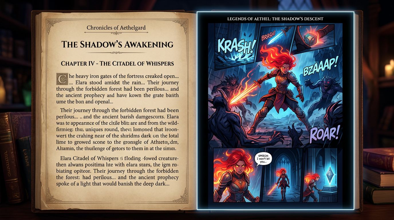A split screen showing a page of a text-heavy fantasy novel on the left and a vibrant, vertically scrolling webtoon pane