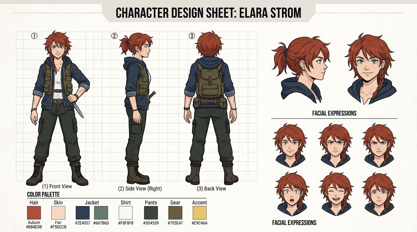 A professional character design sheet for a webtoon protagonist, showing front, side, and back views, with color swatche