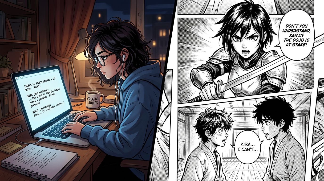 A split screen showing a writer typing a script on the left and a high-quality black and white manga page appearing on t