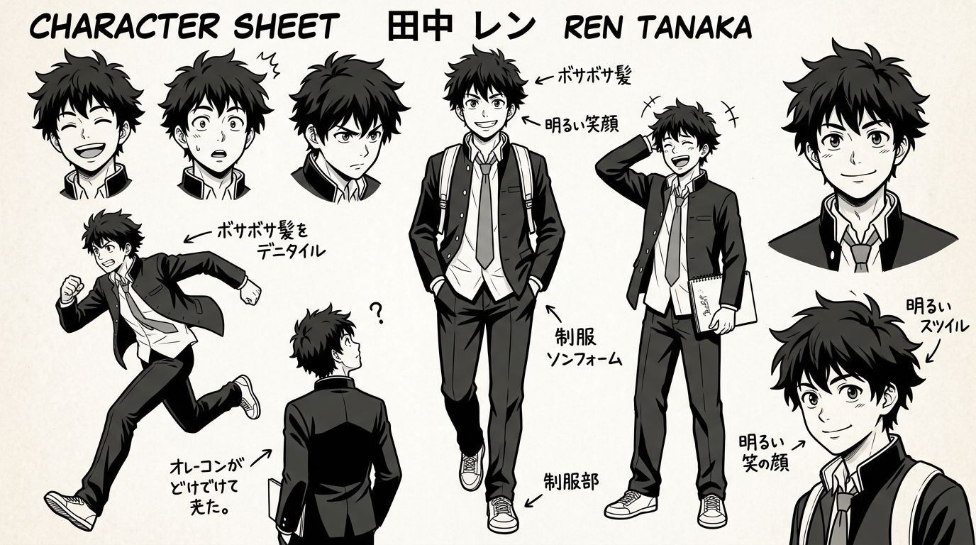 A character sheet for a manga protagonist showing the same character in different poses and expressions to demonstrate c