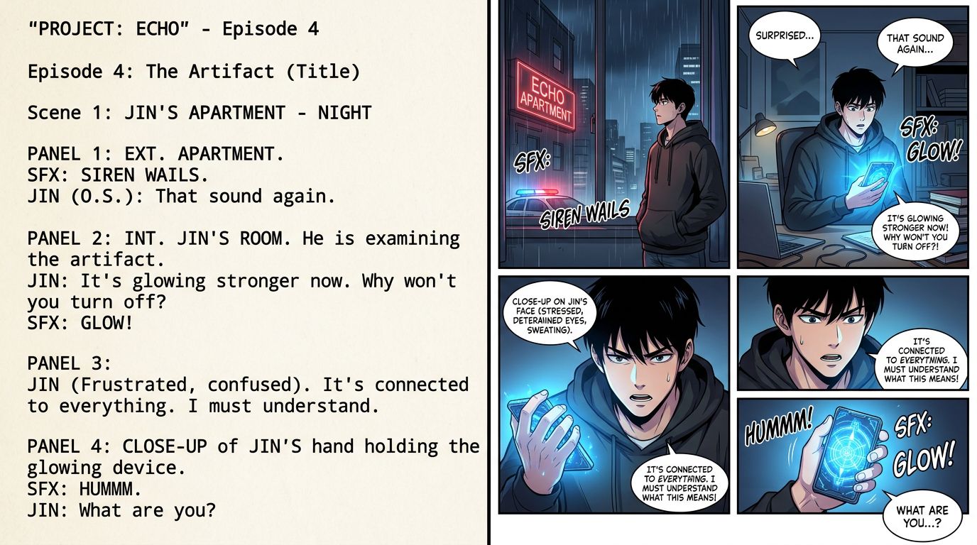 A split-screen view showing a text-based script on the left and a finished, high-quality 4-panel webtoon page on the rig