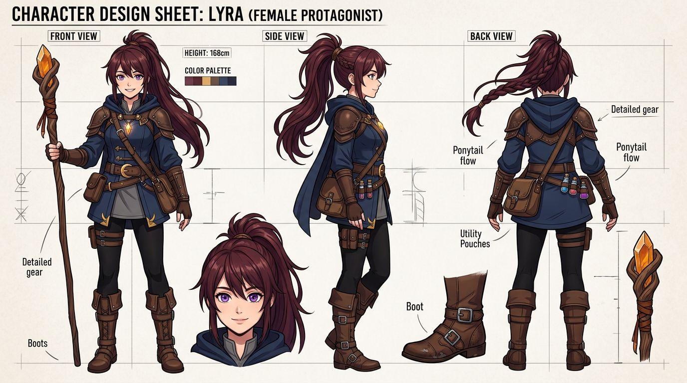 A character design sheet created by AI, showing the same female protagonist from three different angles (front, side, ba
