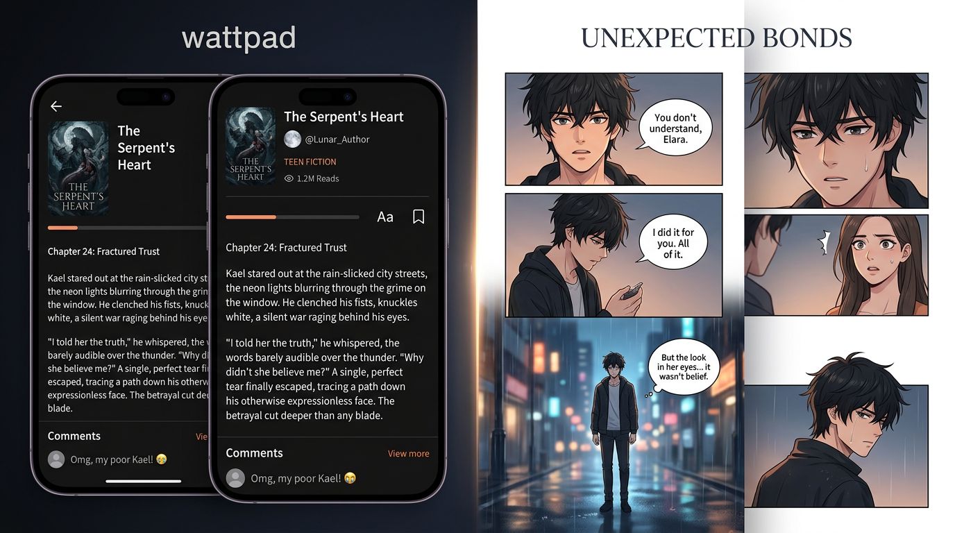 A high-quality comparison image showing a dramatic Wattpad text excerpt on the left and a beautifully rendered, multi-pa