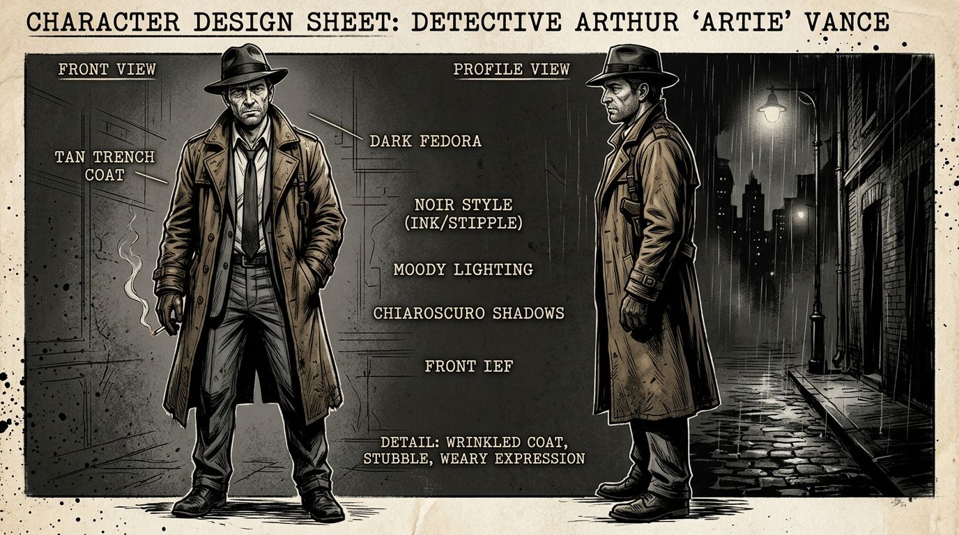A detailed character design sheet for a male detective in a noir style, showing front and profile views, wearing a tan t