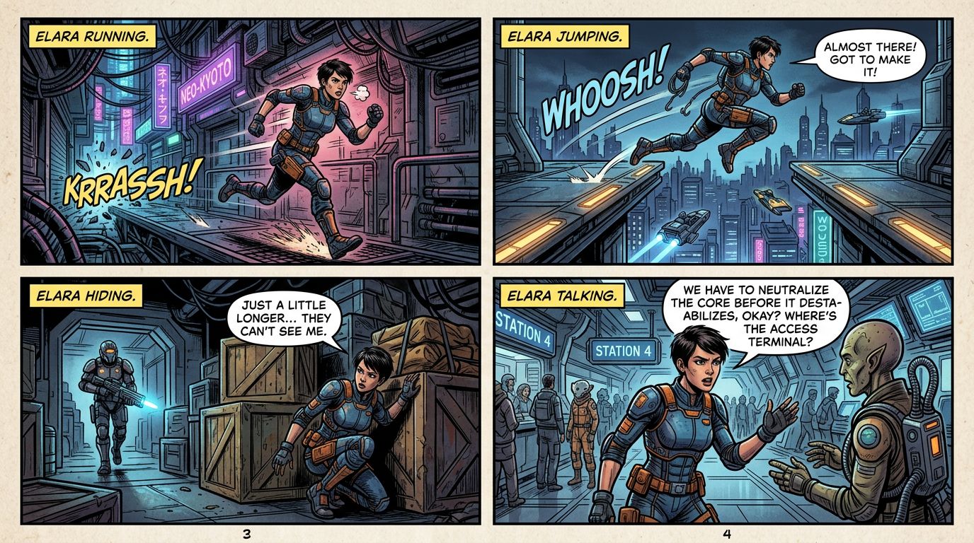 A comic book page layout showing a consistent female character in a sci-fi setting, performing different actions across