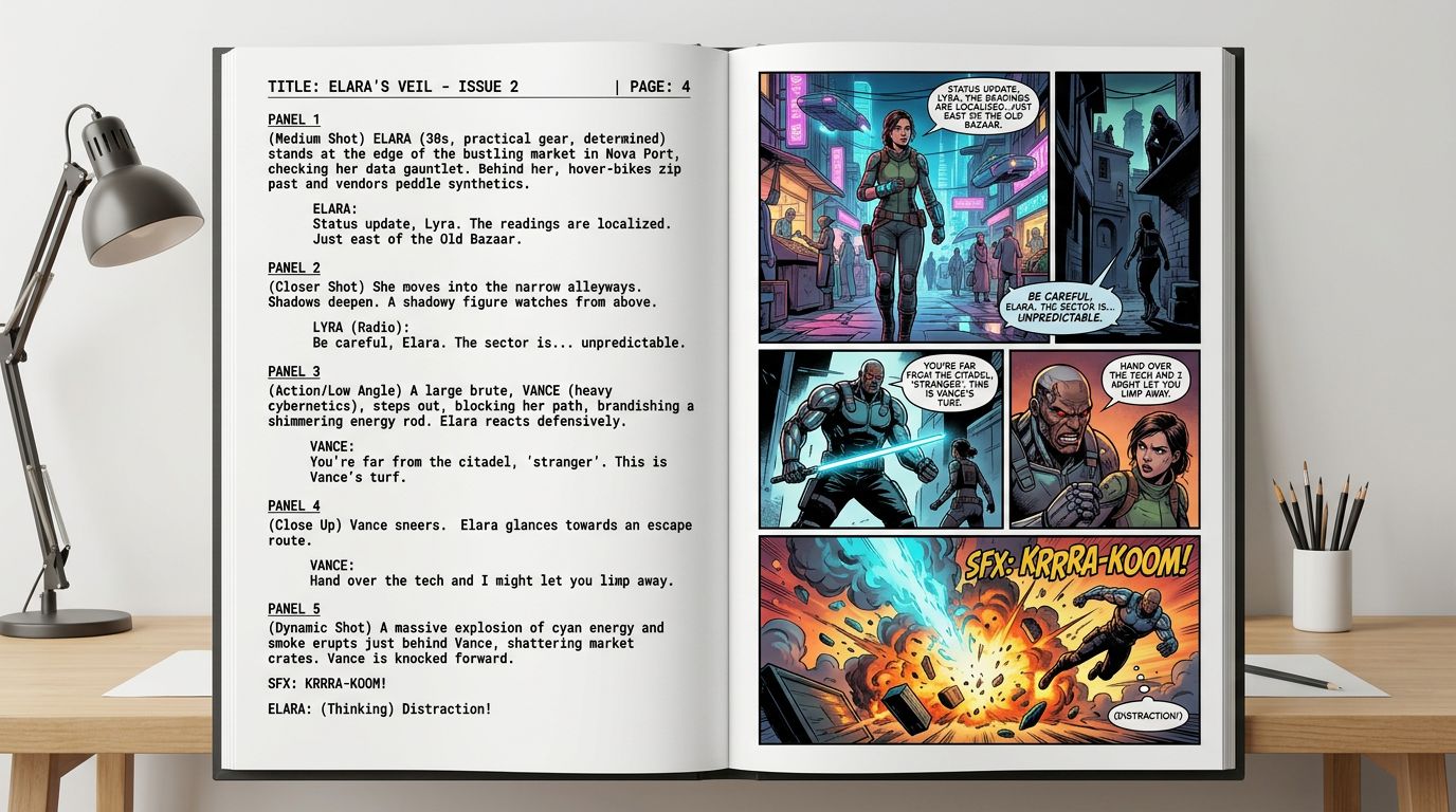 A professional comic script page layout showing clear panel headers, character dialogue, and detailed action description