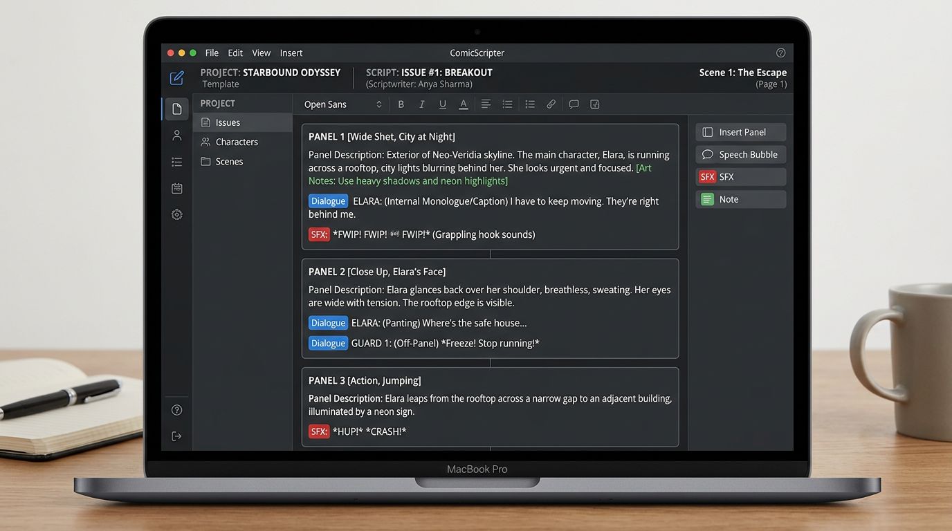 A digital comic script template displayed on a screen, featuring clear sections for panel descriptions, dialogue, and so