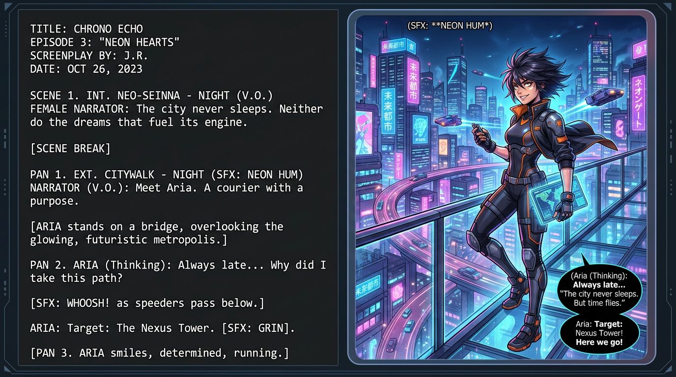 A split screen showing a text script on the left and a vibrant, vertical webtoon panel on the right, featuring a female