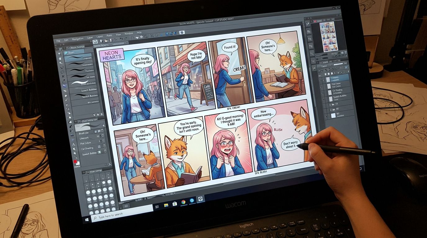 A digital workspace showing a webtoon layout with vertical panels, speech bubbles, and a consistent character appearing