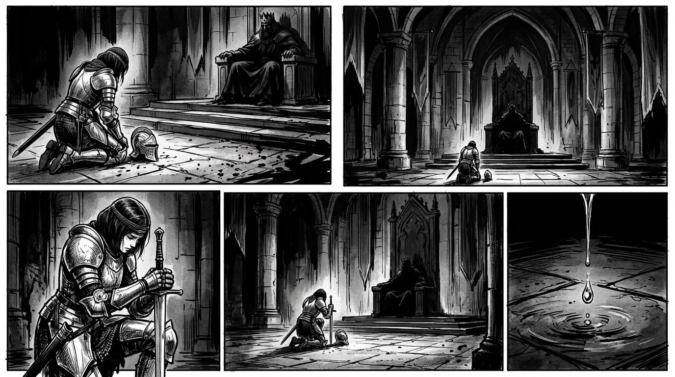 five-panel manga page layout showing a throne room scene with a kneeling armored woman and a shadowed king