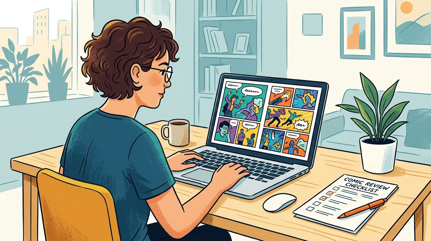 creator reviewing a digital comic panel grid on a laptop with a rights checklist beside it