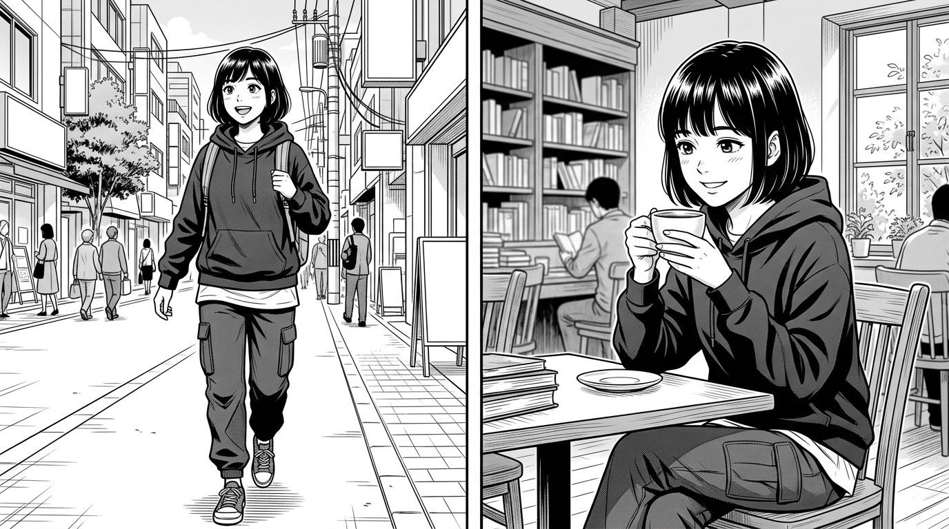 side-by-side comparison of two comic panels showing the same character with consistent appearance across different scenes