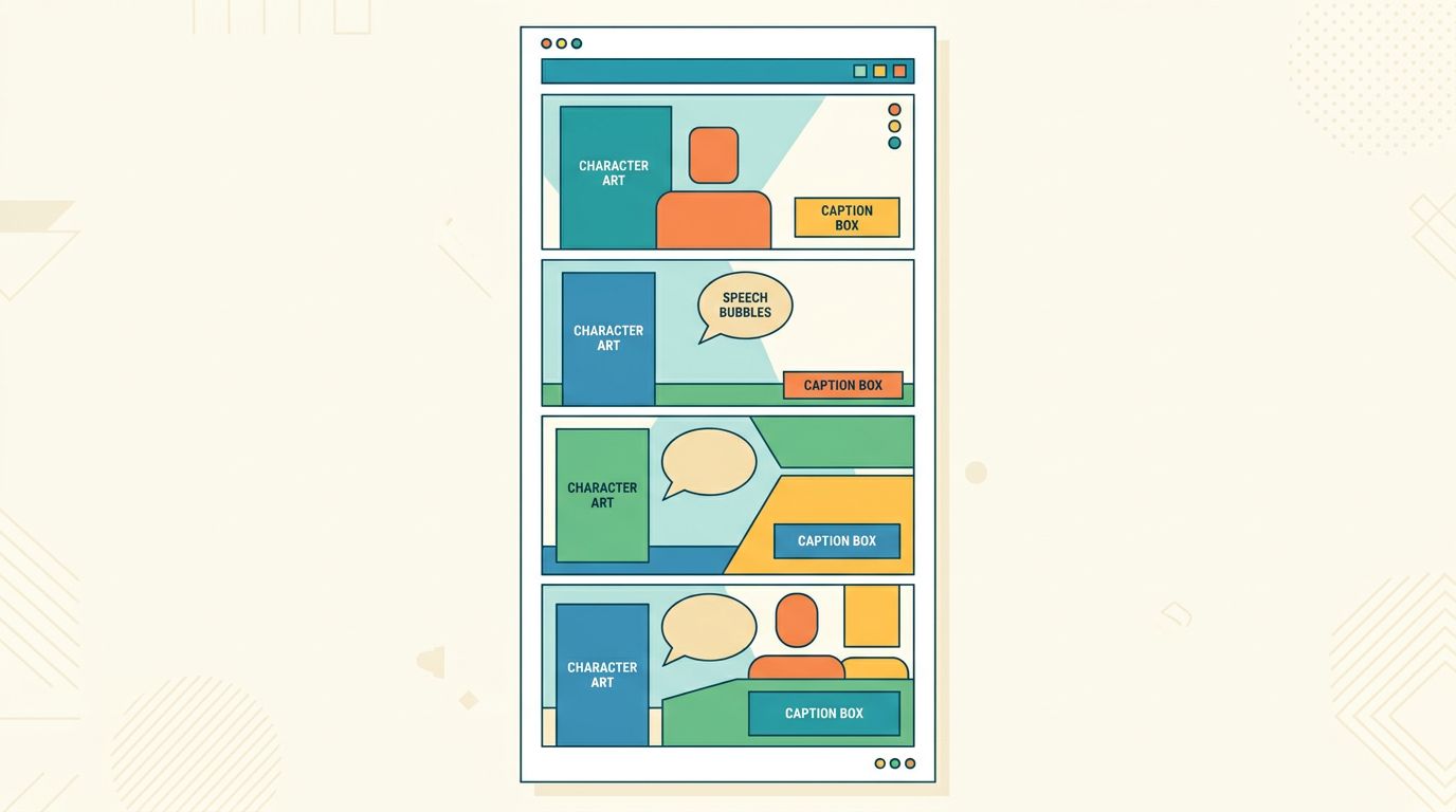 four-panel comic page layout diagram showing scene segmentation character placement speech bubbles and caption boxes