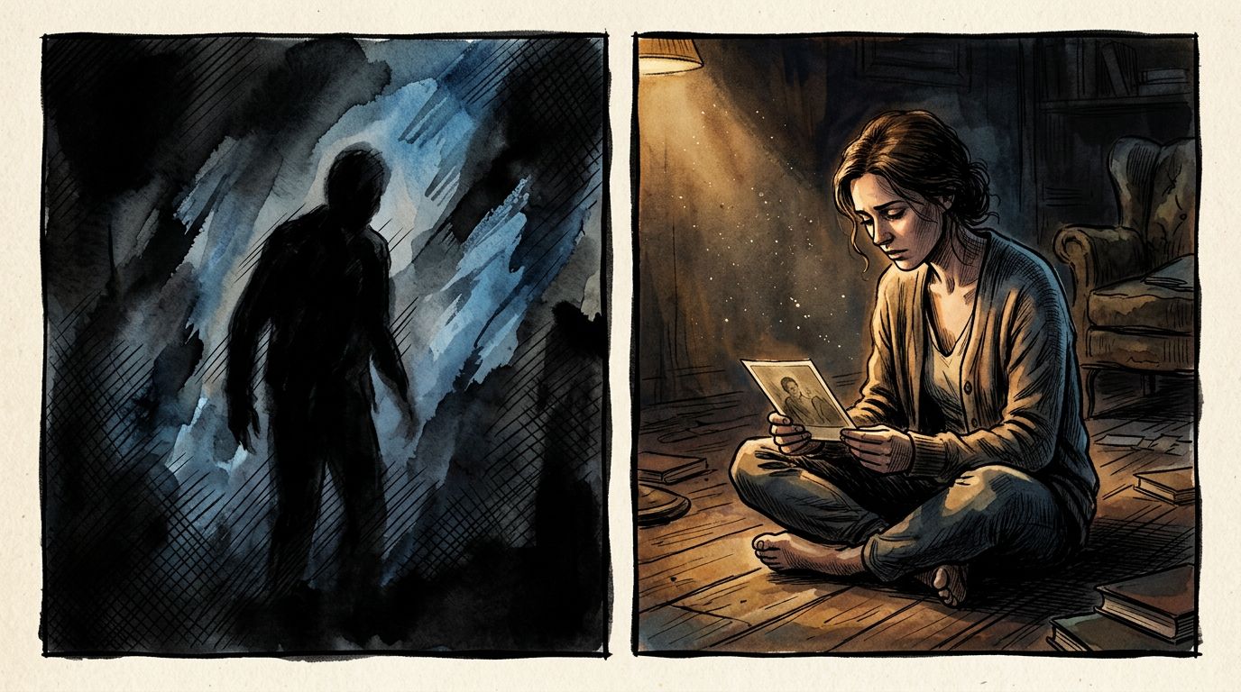 side-by-side comparison of a vague emotional prose panel versus a concrete action panel showing the same scene