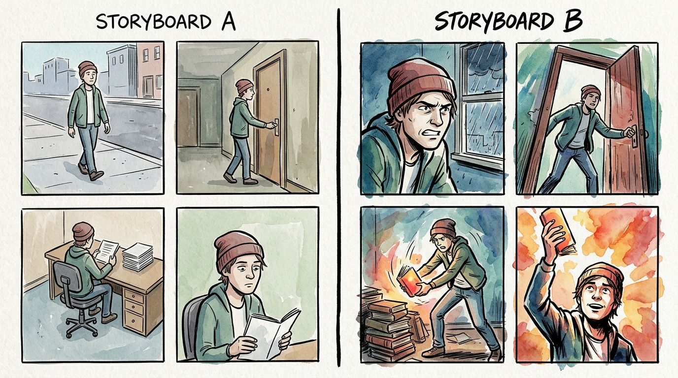 comic panel sequence showing a weak flat story arc versus a strong three act arc