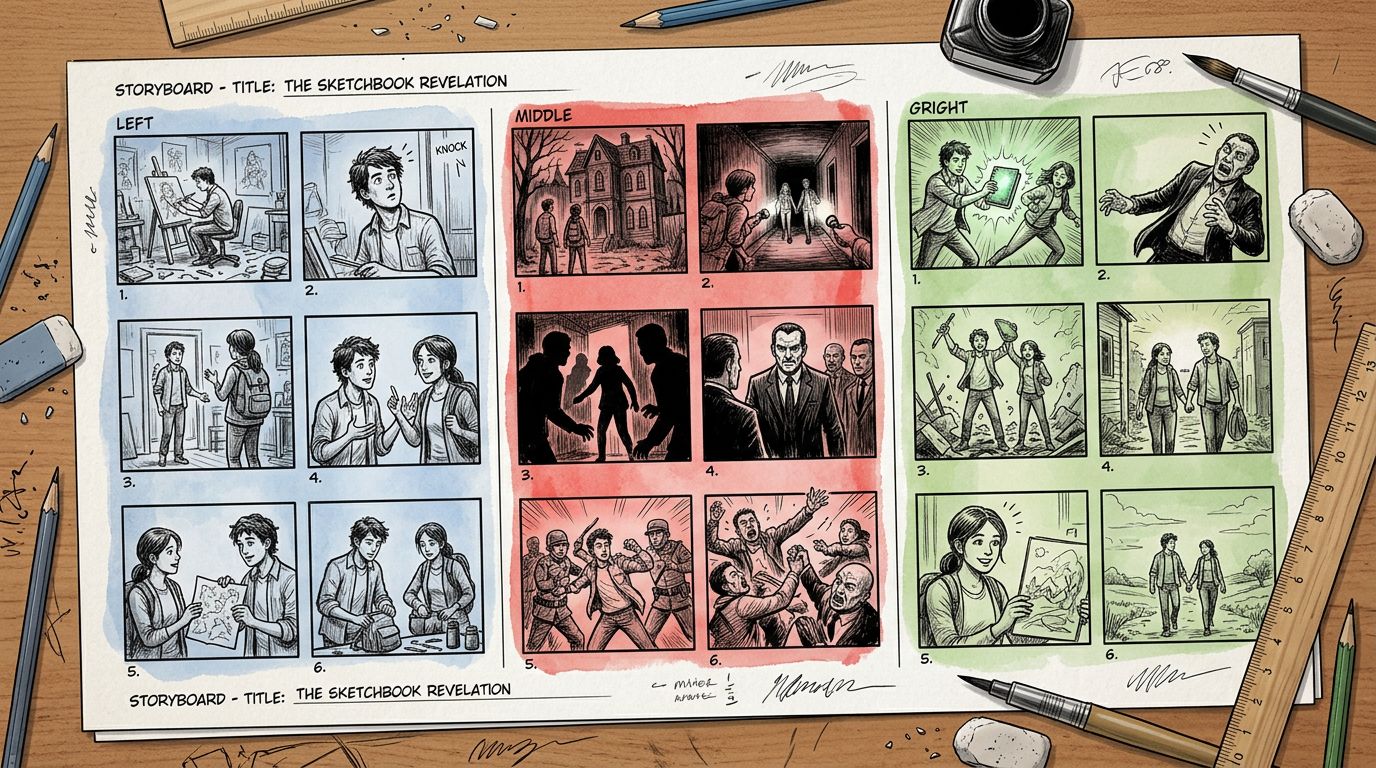 three-zone comic storyboard showing setup confrontation resolution panels