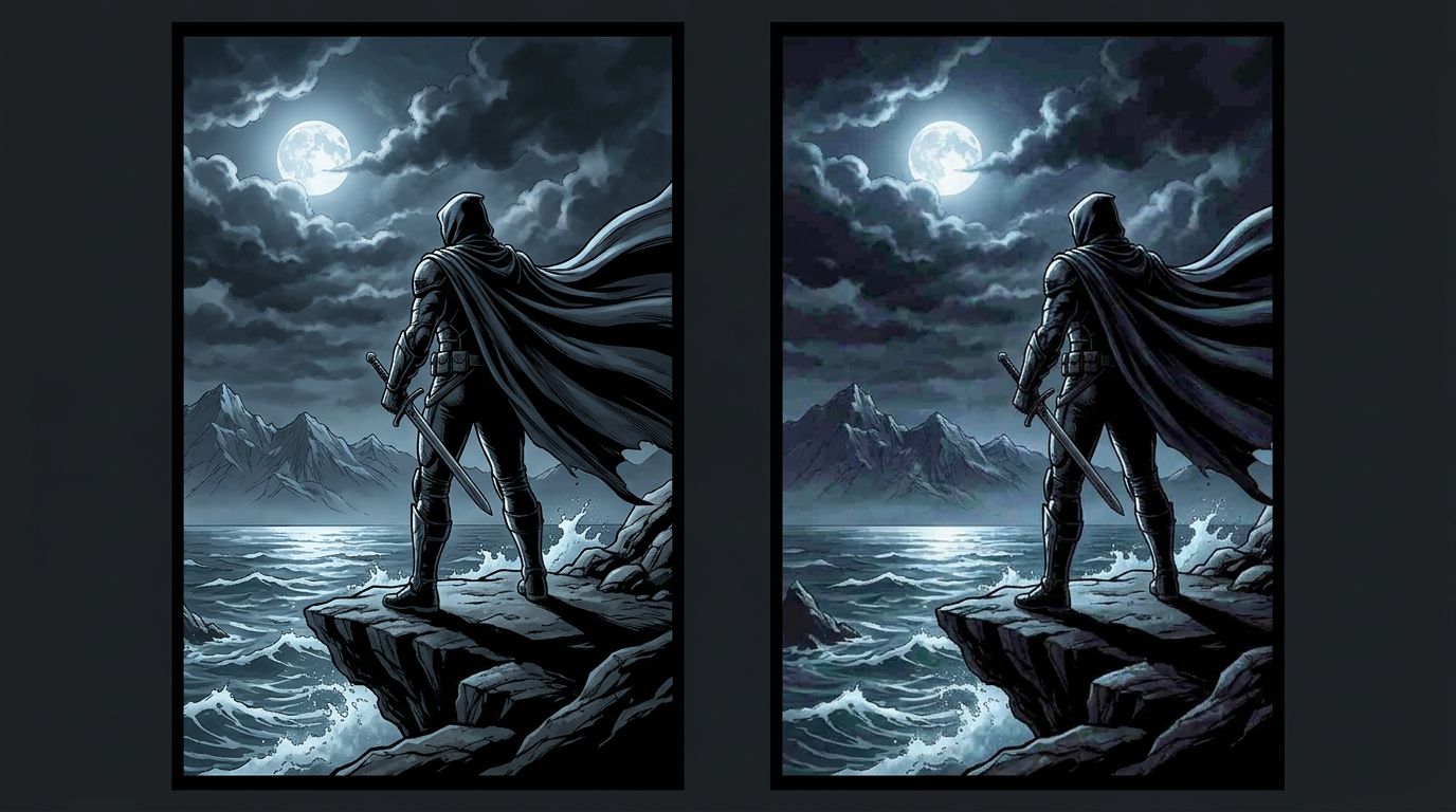 side-by-side comparison of a webtoon panel with good compression versus heavy JPG artifacts on a dark background