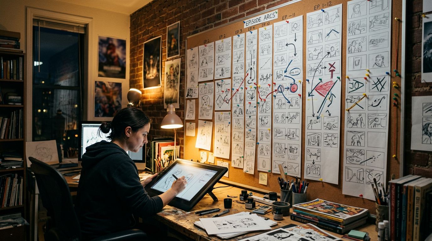 webtoon creator planning revelation cliffhangers on a storyboard wall