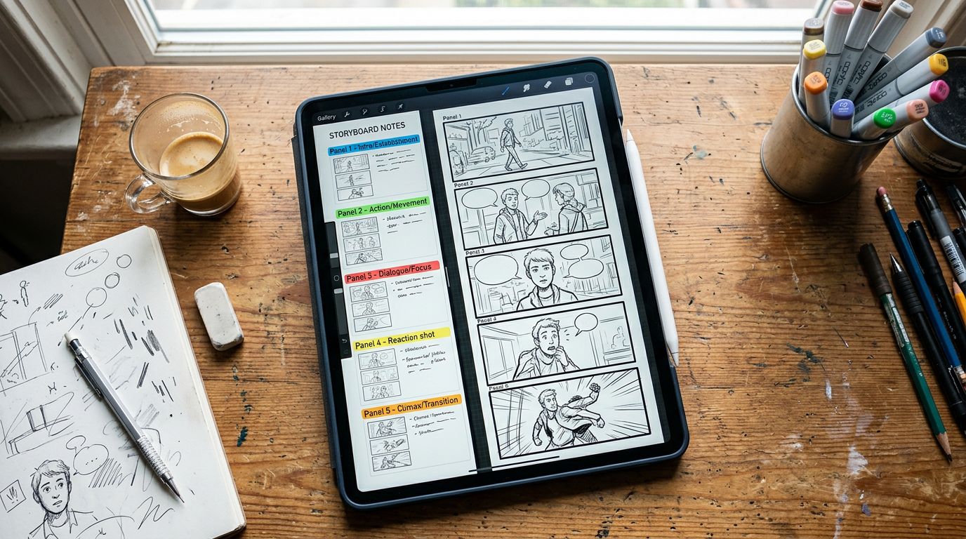creator workflow showing AI-generated comic panels being arranged into a vertical webtoon episode