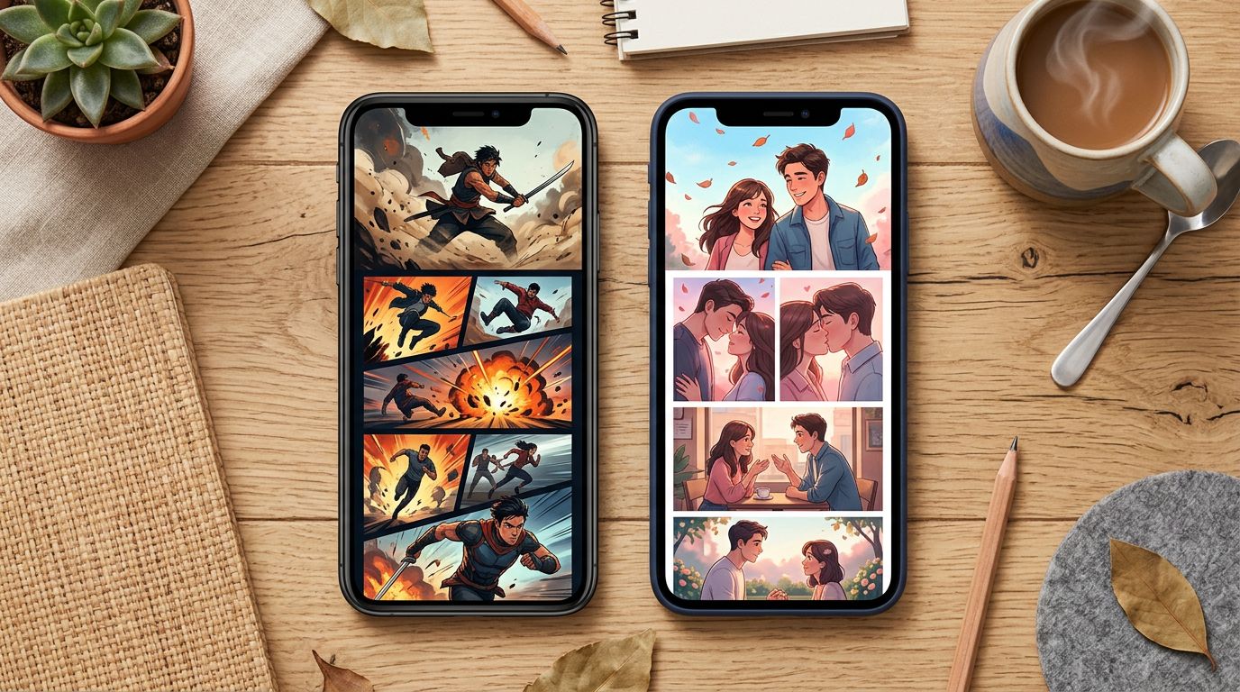 vertical webtoon panel layout compared to Tapas episode grid on two phone screens