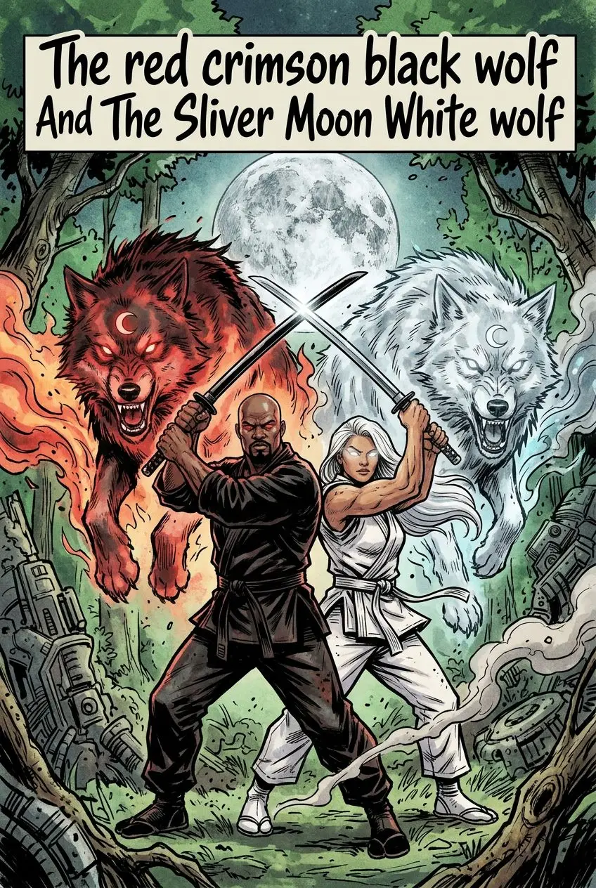 The red crimson black wolf And The Sliver Moon White wolf